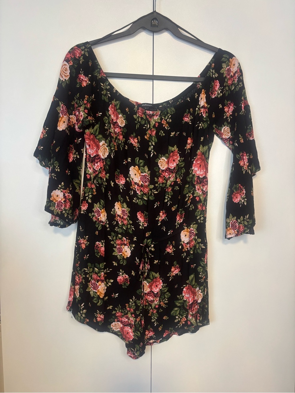 Floral Off-Shoulder Romper in Black with Pink Rose Print